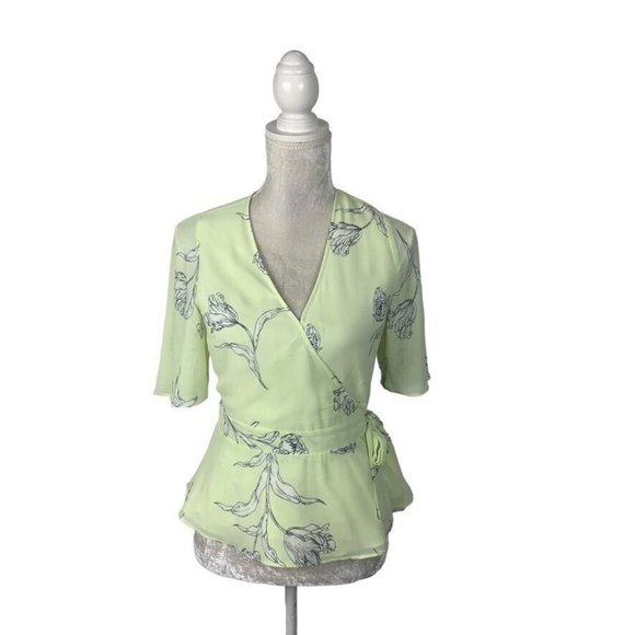 Banana Republic Pale Lime Peplum Wrap Blouse Side Tie Floral Flutter Sleeve XS - Picture 1 of 11